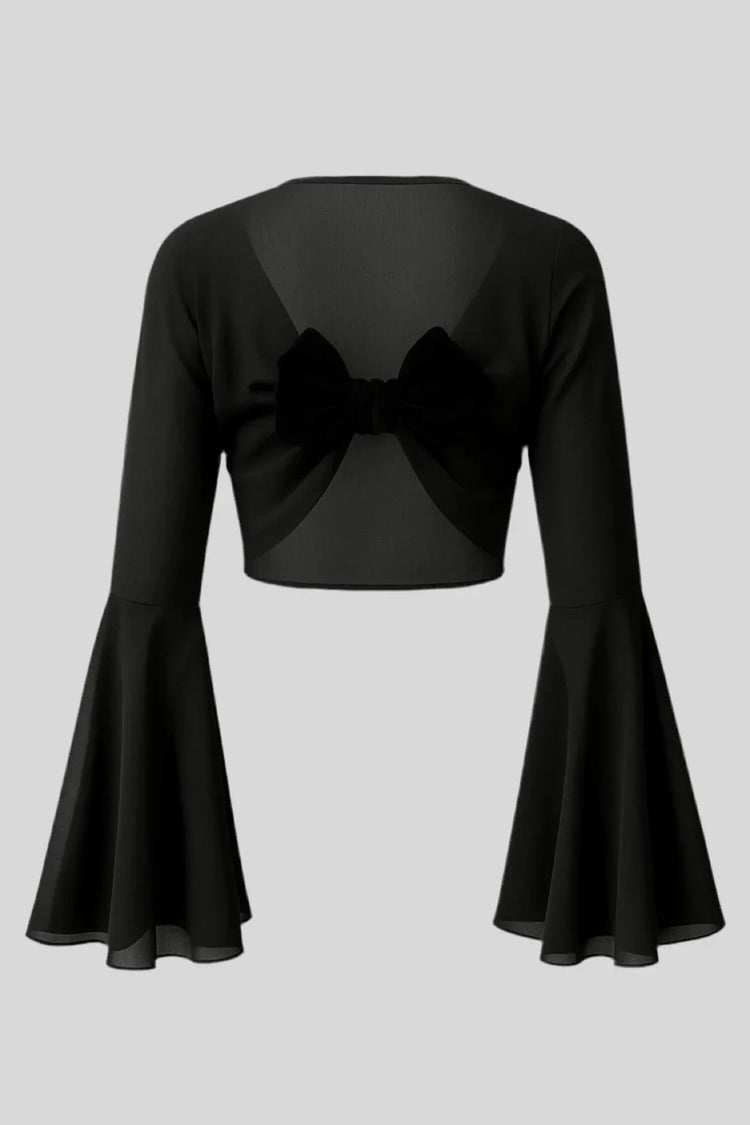Sailuc black sheer long sleeve crop top with flare cuffs and back bow detail