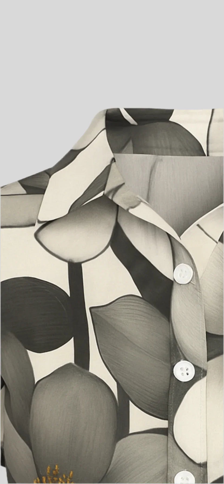 Sailuc luxury shirt with bold grey leaf print and white buttons, modern fashion style