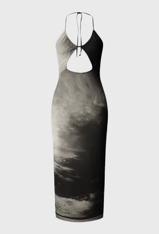 Long dress with a sky pattern on a gray background