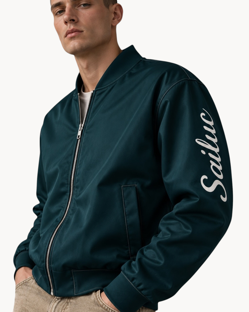 A man wearing a dark teal Sailuc Vesper bomber jacket with a silver zipper and white logo on the sleeve.