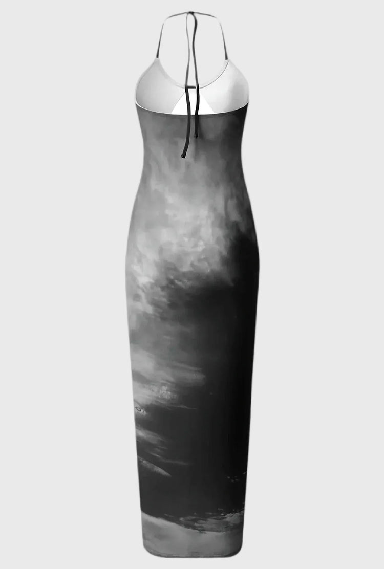 Long sky dress with a halter neck on a gray background