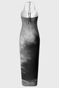 Long sky dress with a halter neck on a gray background