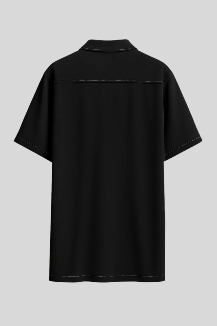 Sailuc luxury black short-sleeve shirt with contrast stitching, back view on gray background