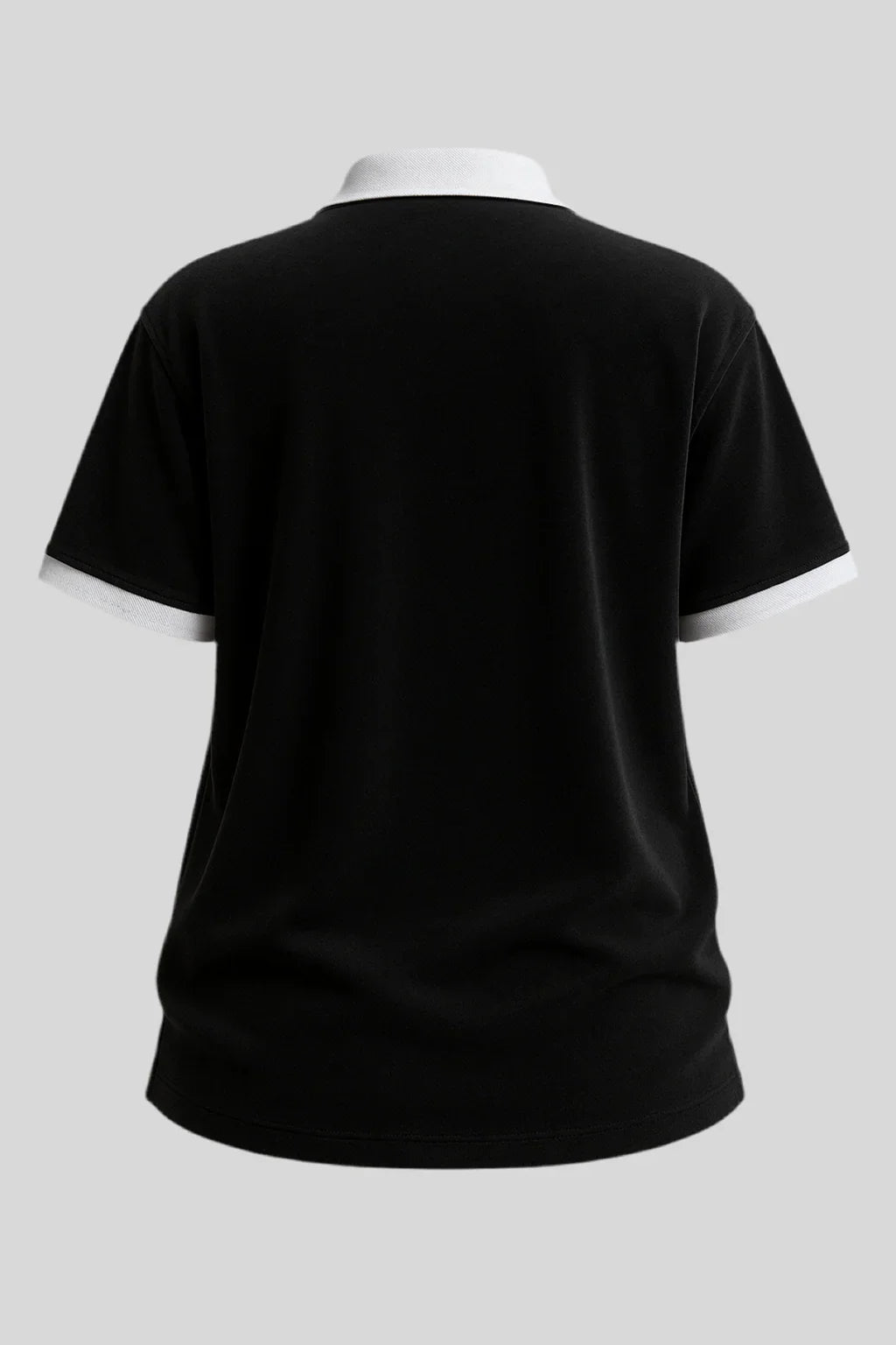 Back view of black Sailuc polo shirt with white collar and sleeve cuffs on gray background
