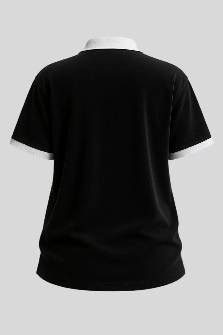 Back view of black Sailuc polo shirt with white collar and sleeve cuffs on gray background