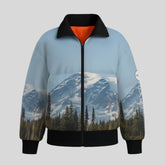 Sailuc luxury bomber jacket with mountain landscape print, black collar, orange lining