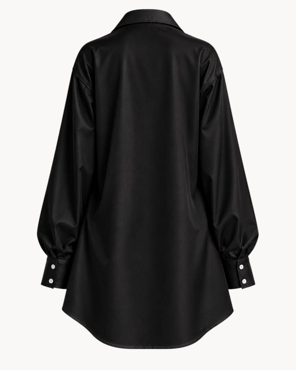 Sailuc Linea longline shirt in black with a classic collar, long sleeves, and buttoned cuffs, back view.