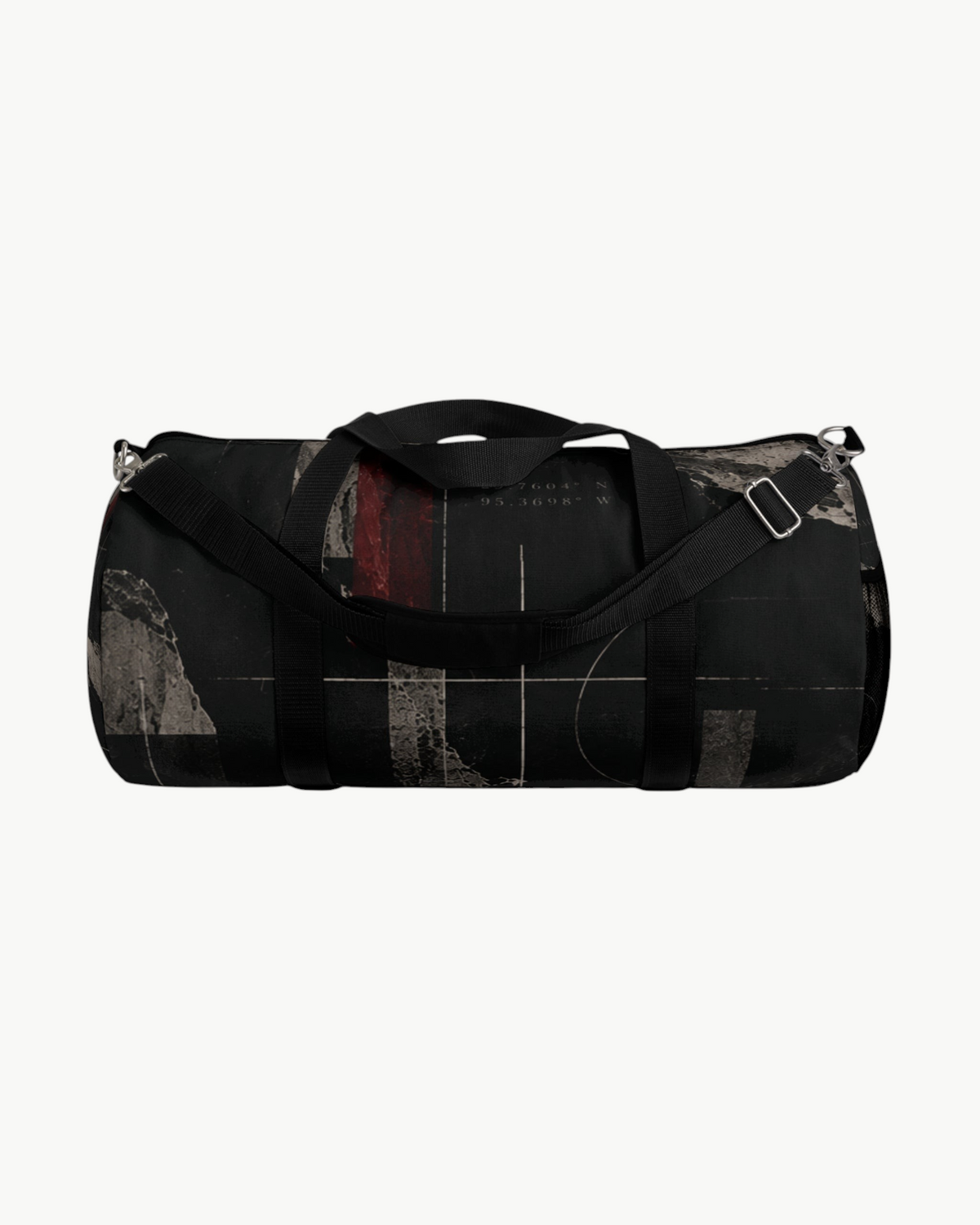 Sailuc Obscura duffle bag in black Oxford canvas with dark abstract artwork, nickel hardware, and shoulder strap.