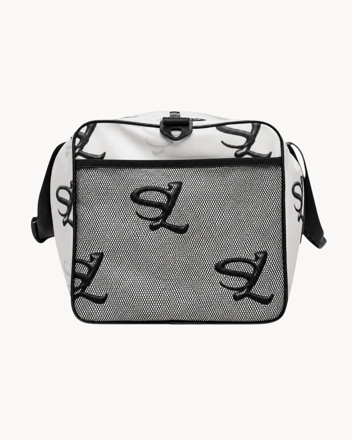 Sailuc Essential Voyage Bag in white with black monogram print, mesh front pocket, and durable black trim.