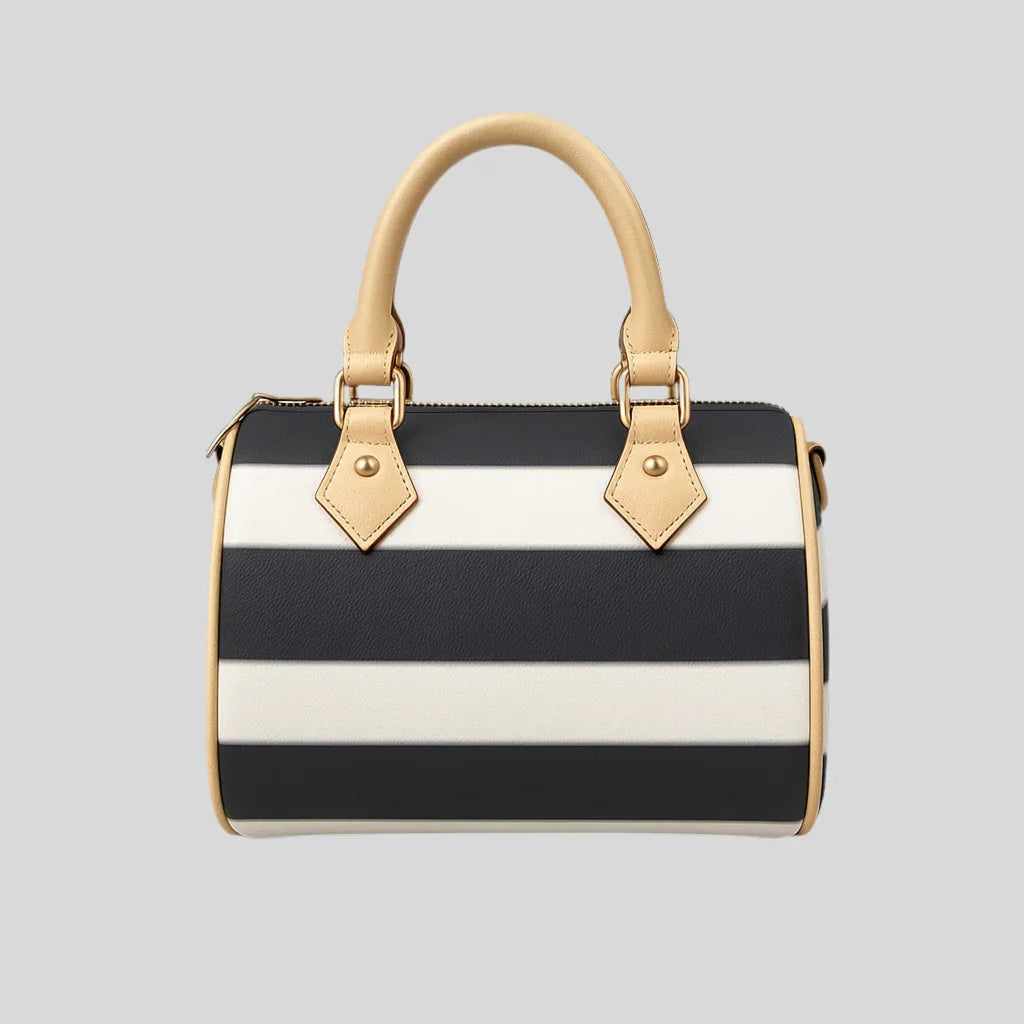 Striped Barrel-Shaped Leather Handbag - Sailuc