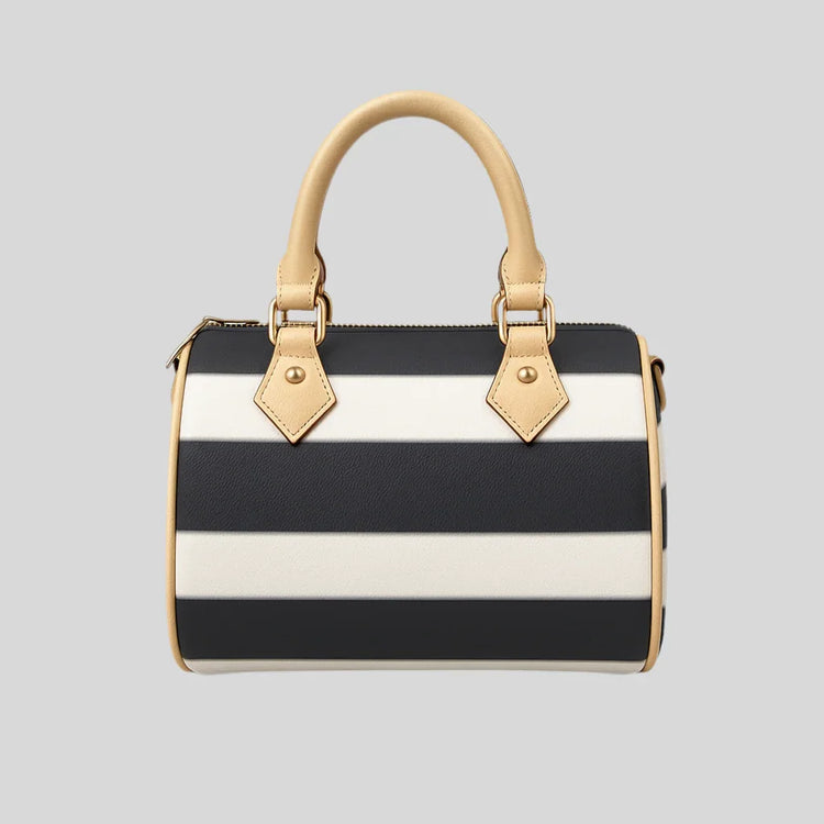 Striped Barrel-Shaped Leather Handbag - Sailuc