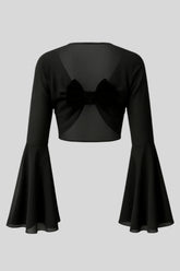 Sailuc black sheer long sleeve crop top with flare cuffs and back bow detail