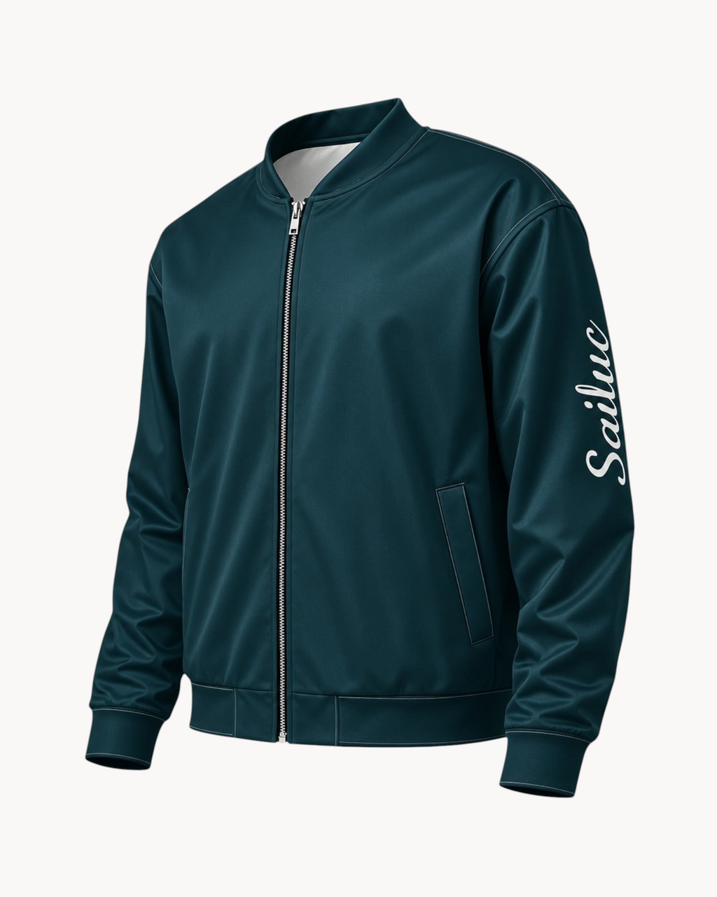Sailuc Vesper bomber jacket in dark teal with a silver zipper, side pockets, and white script logo on the sleeve.