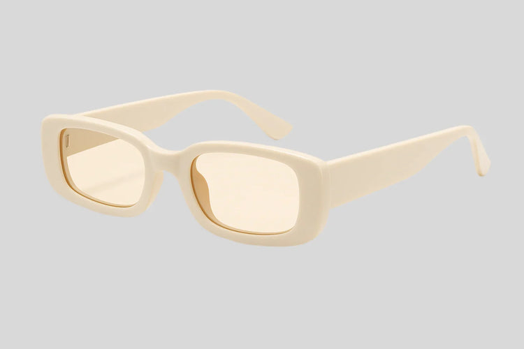 Cream rectangular sunglasses with thick frame on gray background, Sailuc luxury fashion