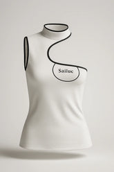 Sailuc luxury women’s white asymmetrical sleeveless top with black trim and modern cutout design