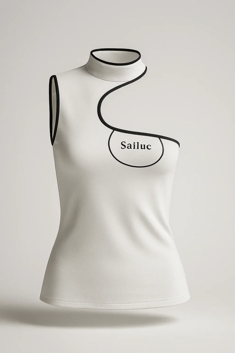 Sailuc luxury women’s white asymmetrical sleeveless top with black trim and modern cutout design