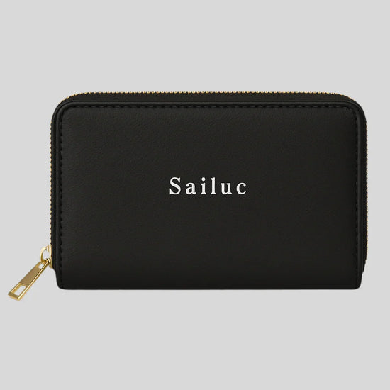 Sailuc black luxury zip wallet with gold zipper, modern minimalist accessory