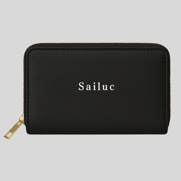 Sailuc black luxury zip wallet with gold zipper, modern minimalist accessory