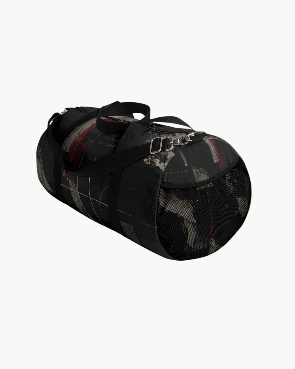 Sailuc Obscura duffle bag in black Oxford canvas with dark abstract artwork, mesh side pocket, and nickel hardware.