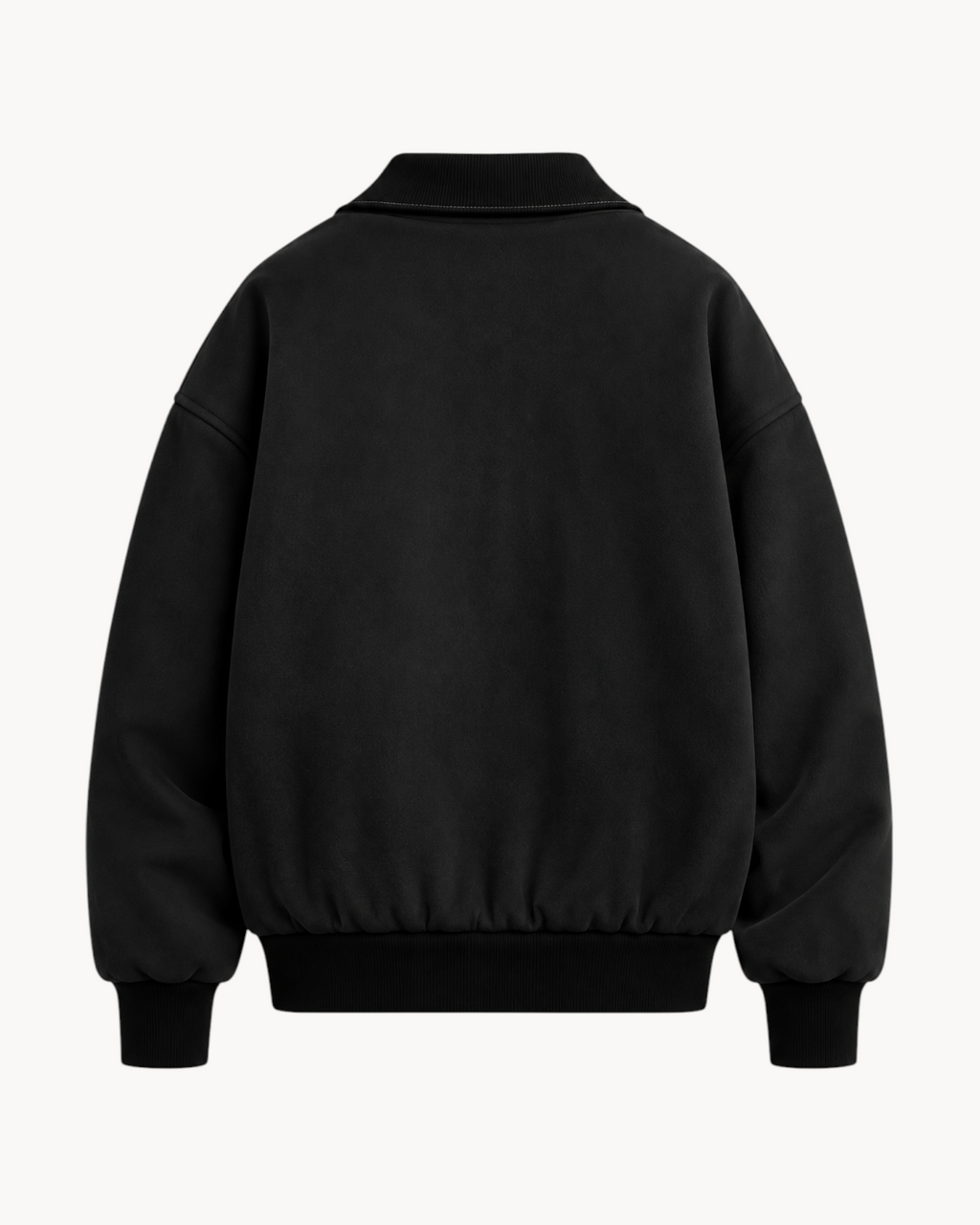 Back view of Sailuc Noma unisex black Hacci fleece jacket with ribbed cuffs and hem on a white background
