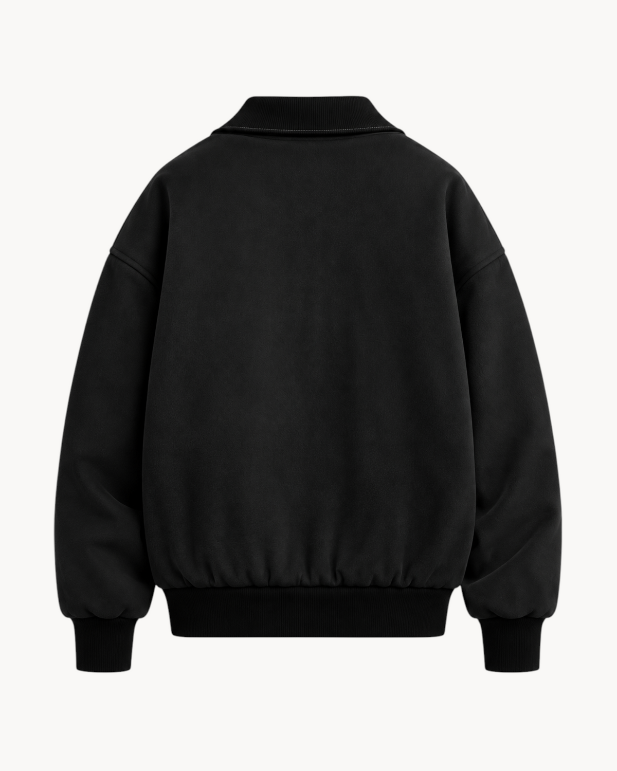 Back view of Sailuc Noma unisex black Hacci fleece jacket with ribbed cuffs and hem on a white background