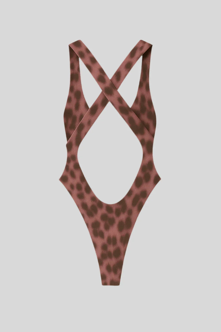 Hollowed-Out One-Piece Leopard Swimsuit - Sailuc