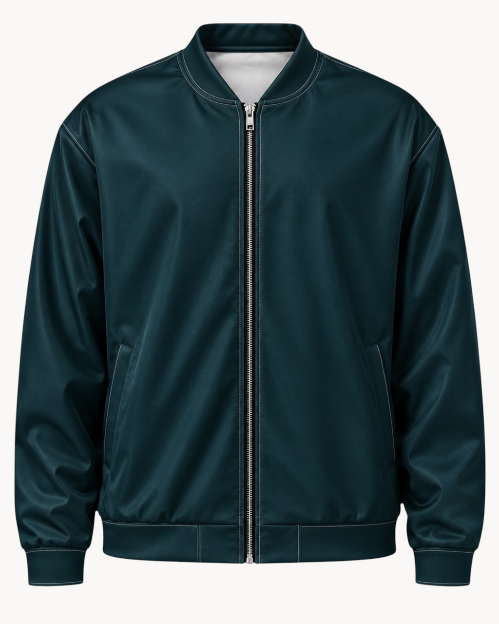 Sailuc Vesper bomber jacket in dark teal with a silver YKK zipper, ribbed collar, and soft brushed fleece interior.