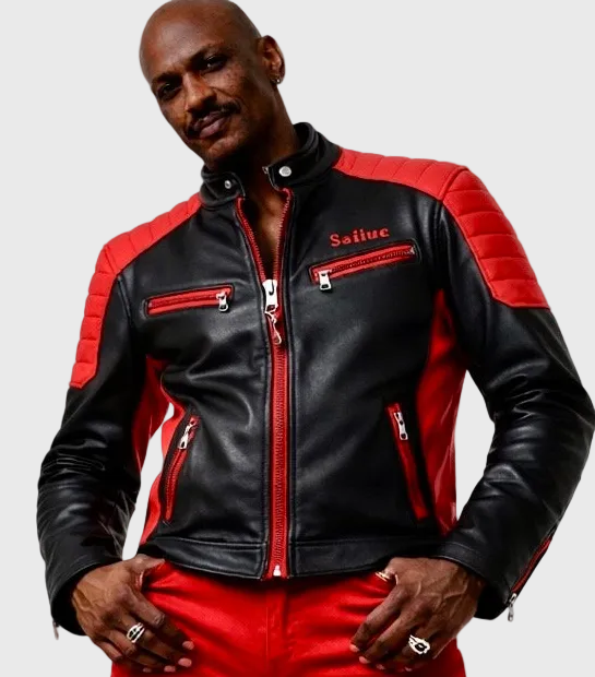 Man wearing a black and red leather jacket with &