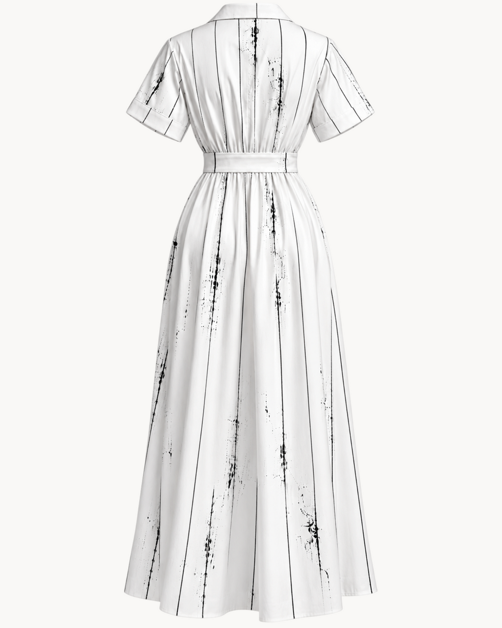Back view of Sailuc Liora shirt dress in white with black vertical pinstripes, featuring a waist tie and collar.