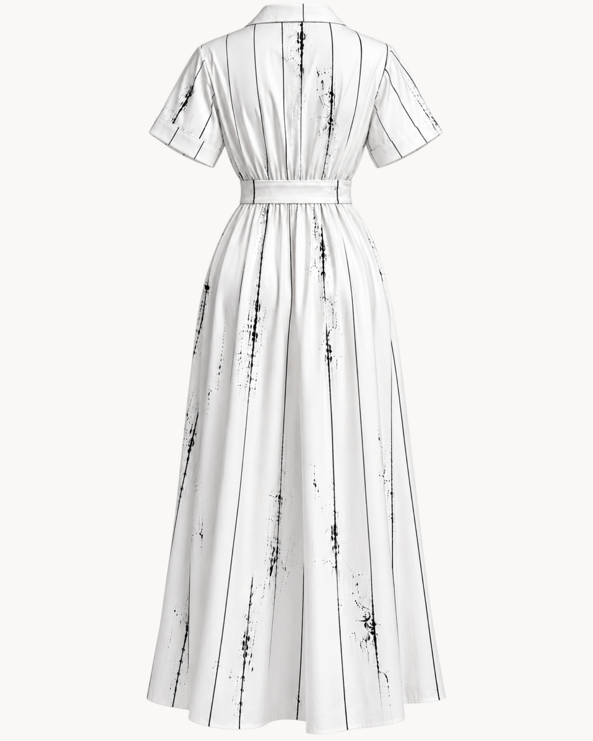 Back view of Sailuc Liora shirt dress in white with black vertical pinstripes, featuring a waist tie and collar.