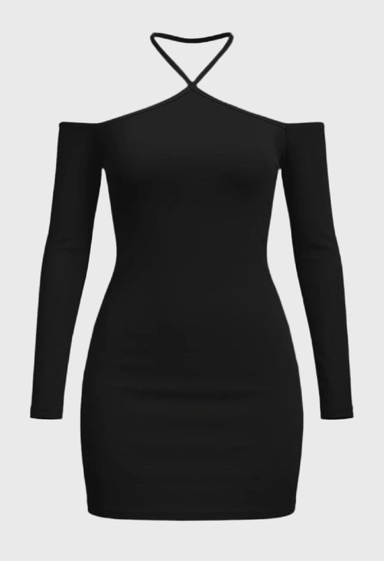 Black off-shoulder dress on a gray background