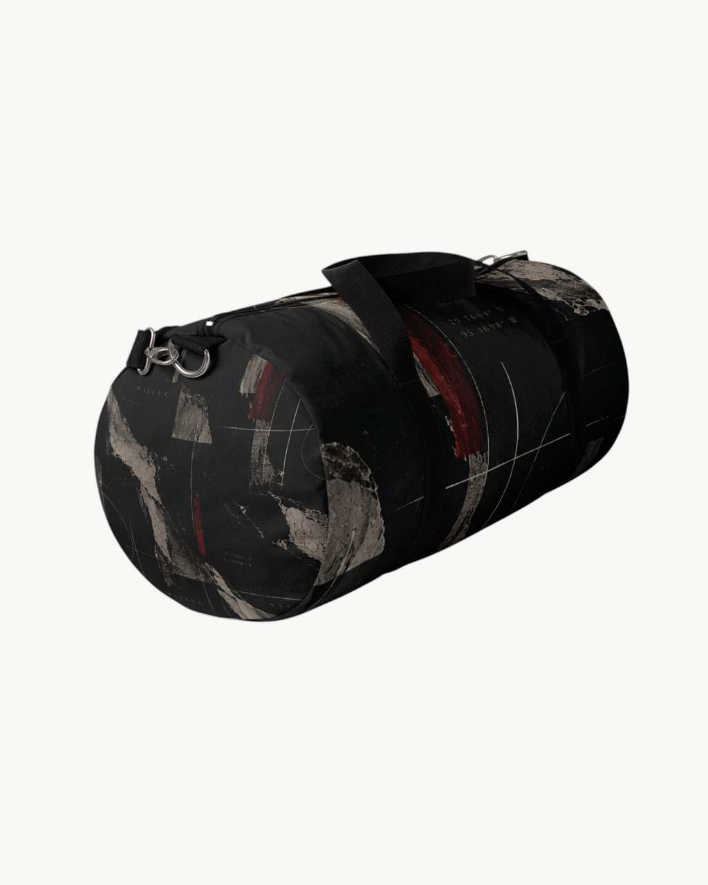 Sailuc Obscura duffle bag in black Oxford canvas with dark abstract artwork, brushed nickel hardware, and side pocket.