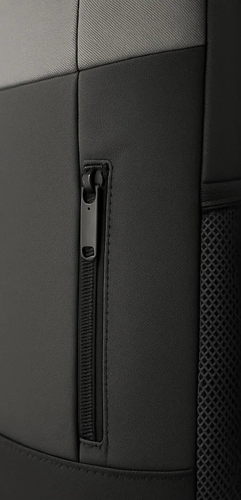 Close-up of a black Sailuc backpack with zipper pocket and mesh side panel