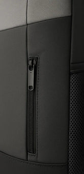 Close-up of a black Sailuc backpack with zipper pocket and mesh side panel