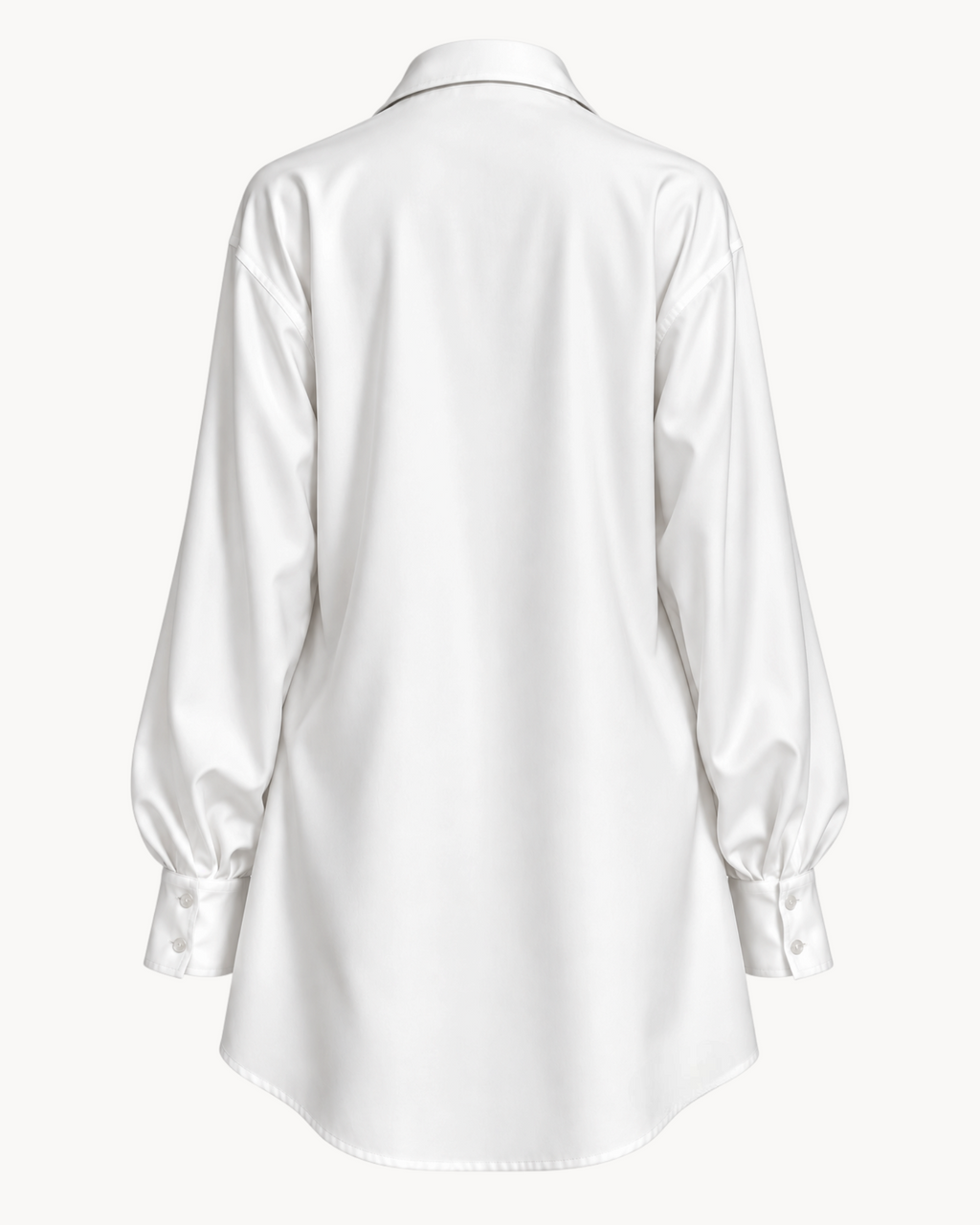 Back view of a Sailuc white longline shirt with a classic collar, long sleeves, and buttoned cuffs.