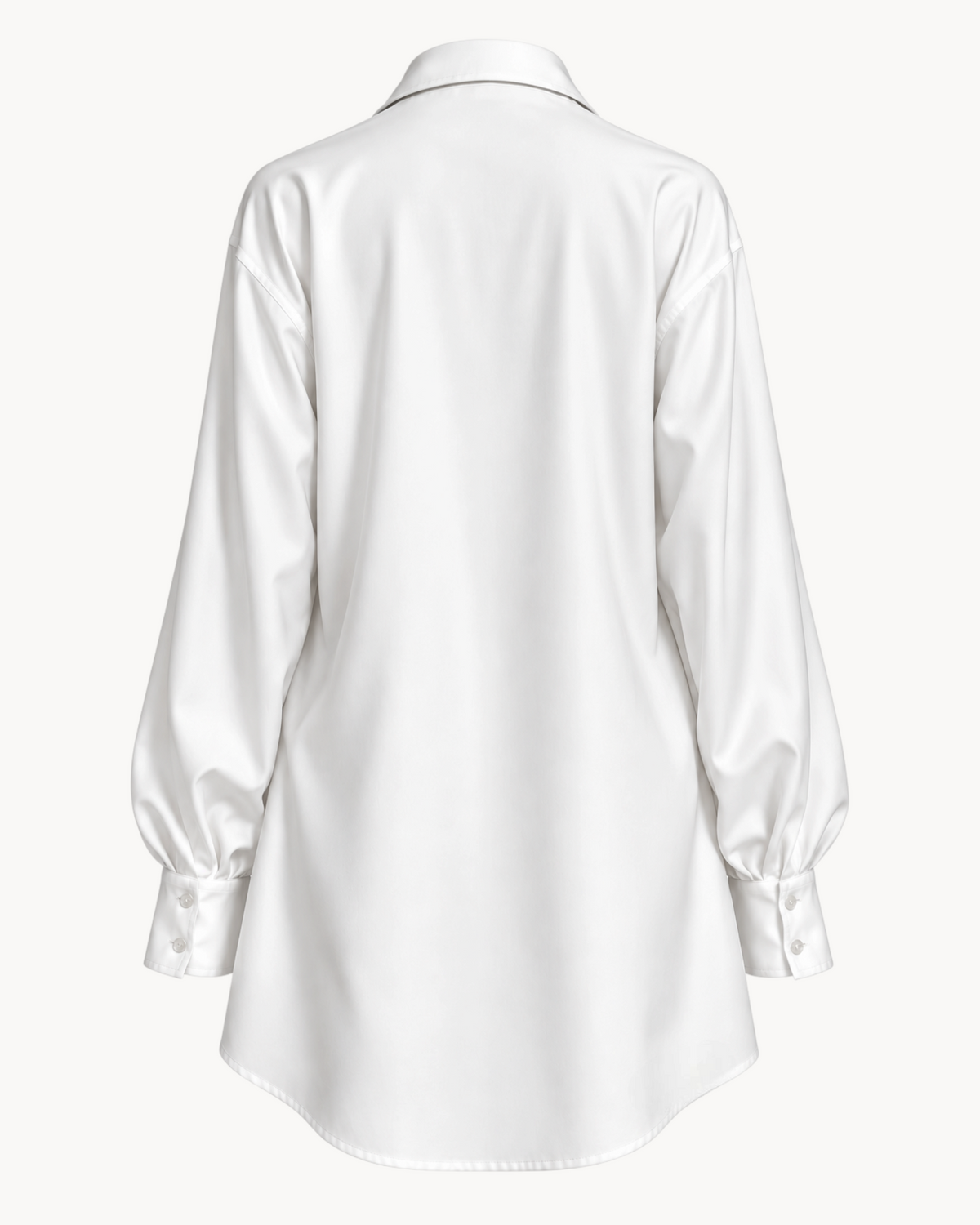 Back view of a Sailuc white longline shirt with a classic collar, long sleeves, and buttoned cuffs.