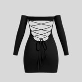 Sailuc black long sleeve mini dress with open lace-up back design on gray background