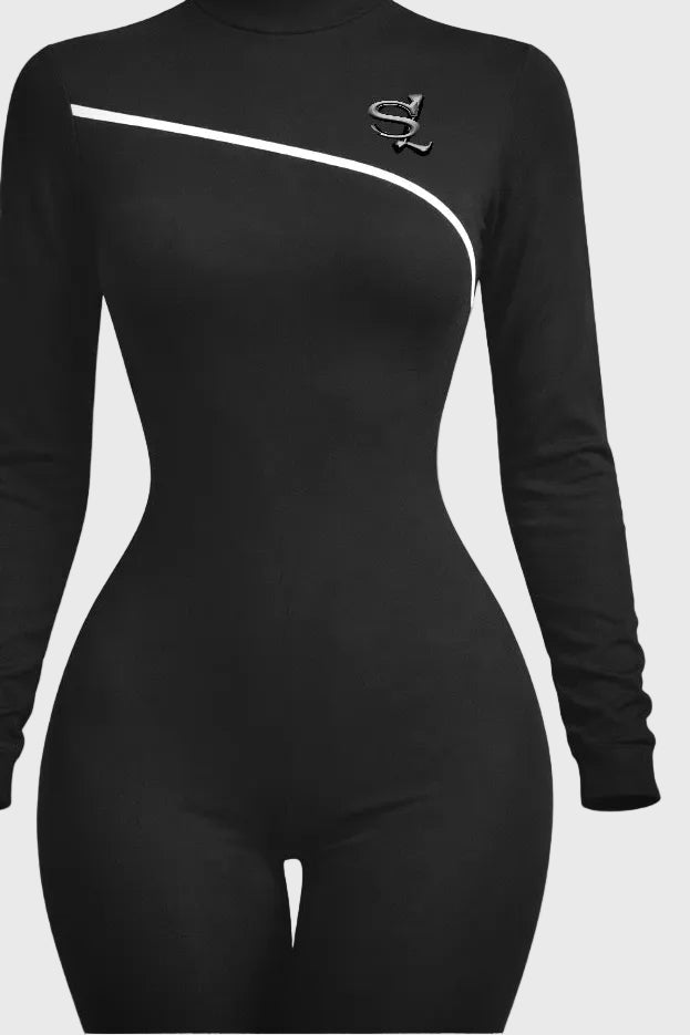 Black bodysuit with long sleeves and a logo on a gray background
