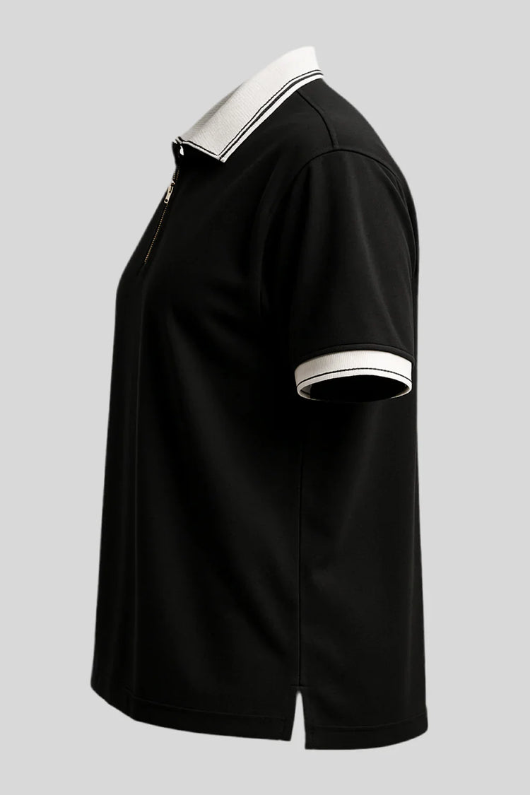 Sailuc black short sleeve polo shirt with white collar and cuffs, luxury men&