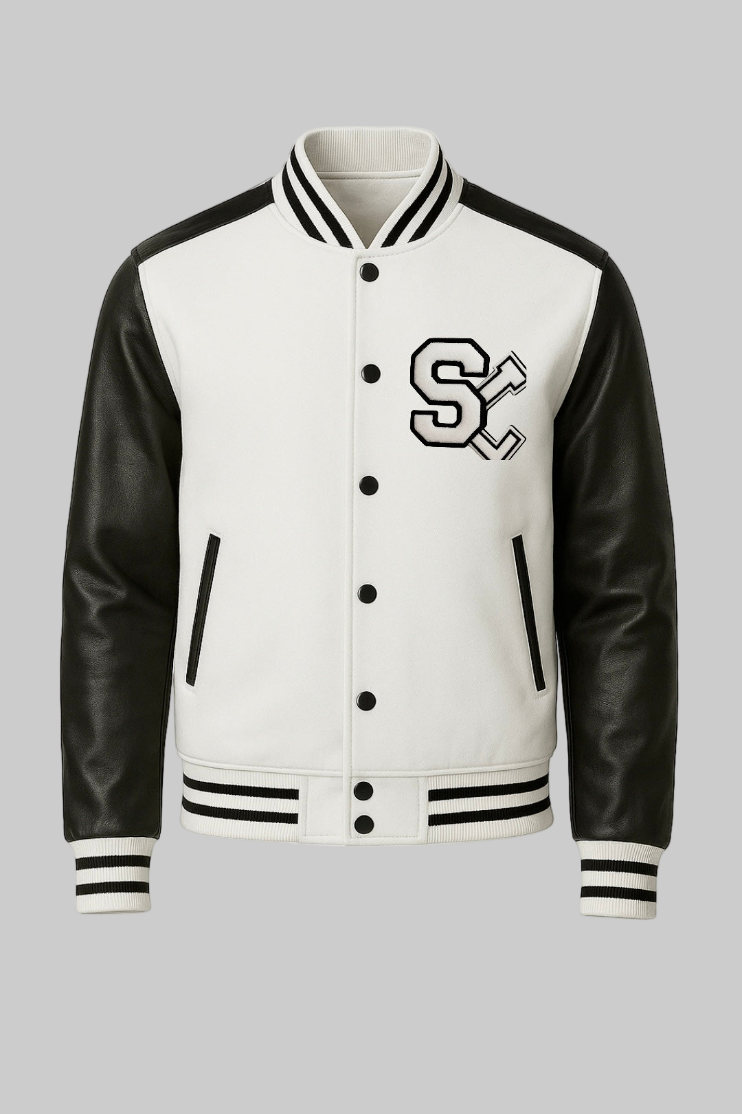 Classic Varsity Jacket – Black & White Leather Sleeve Edition