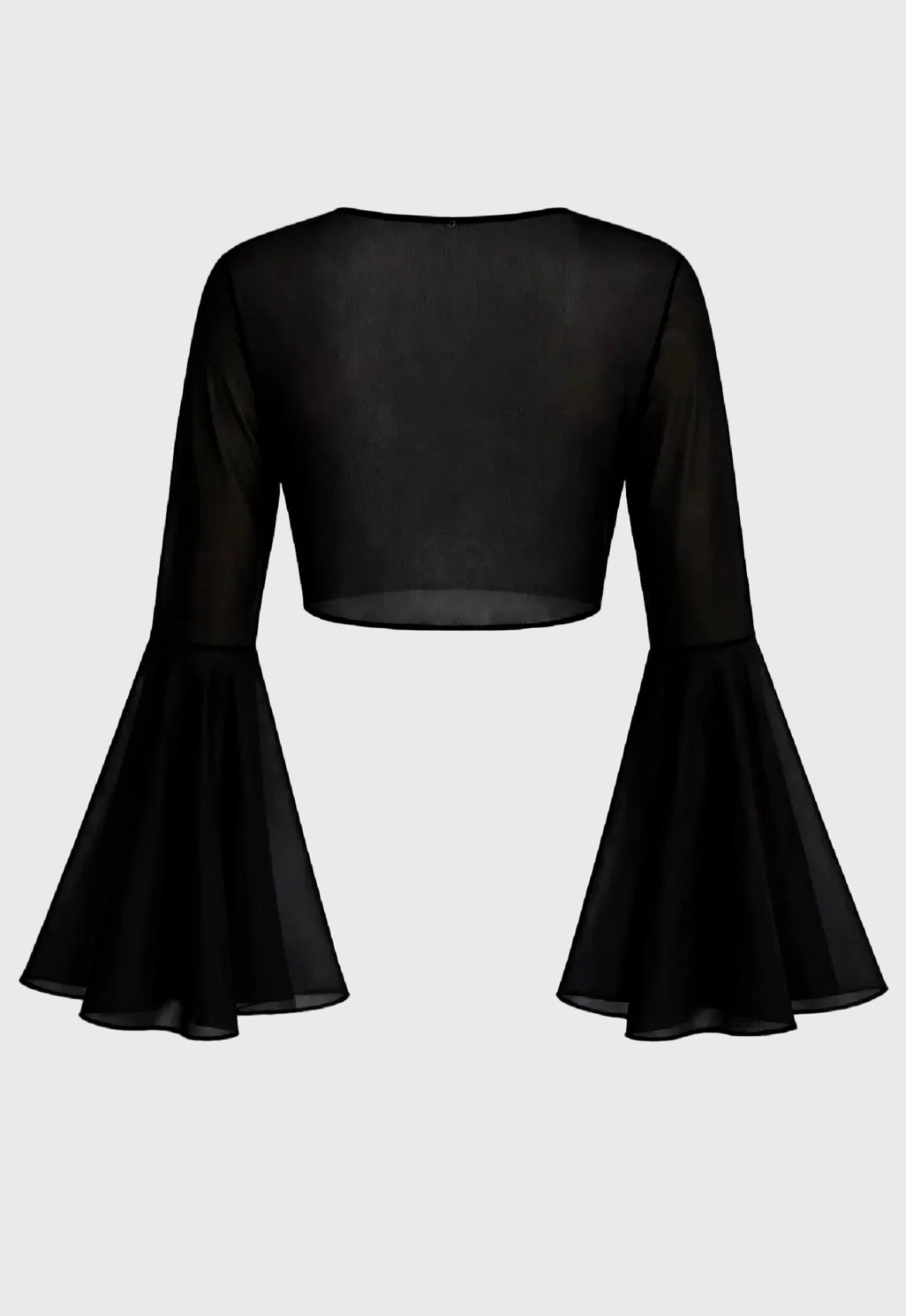 Black blouse with flared sleeves on a gray background