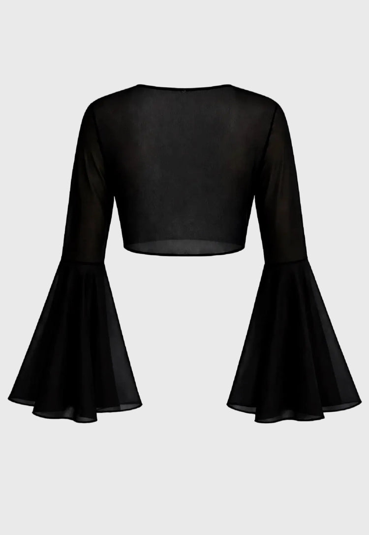 Black blouse with flared sleeves on a gray background