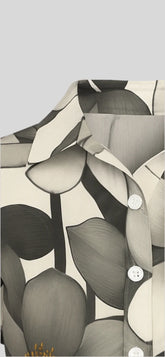 Sailuc luxury shirt with bold grey leaf print and white buttons, modern fashion style