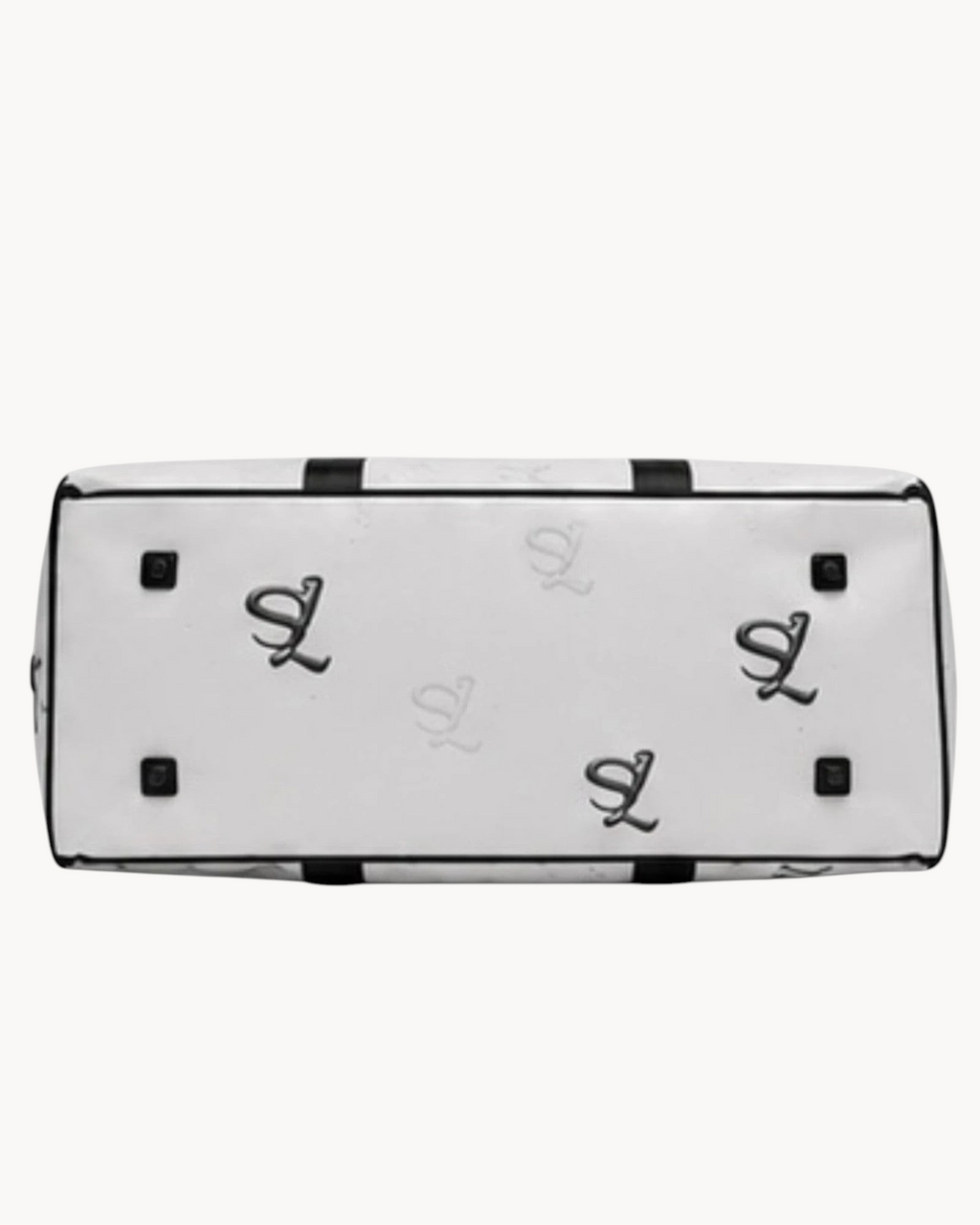 Sailuc Essential Voyage Bag base view featuring white water-resistant material with black monogram print and feet