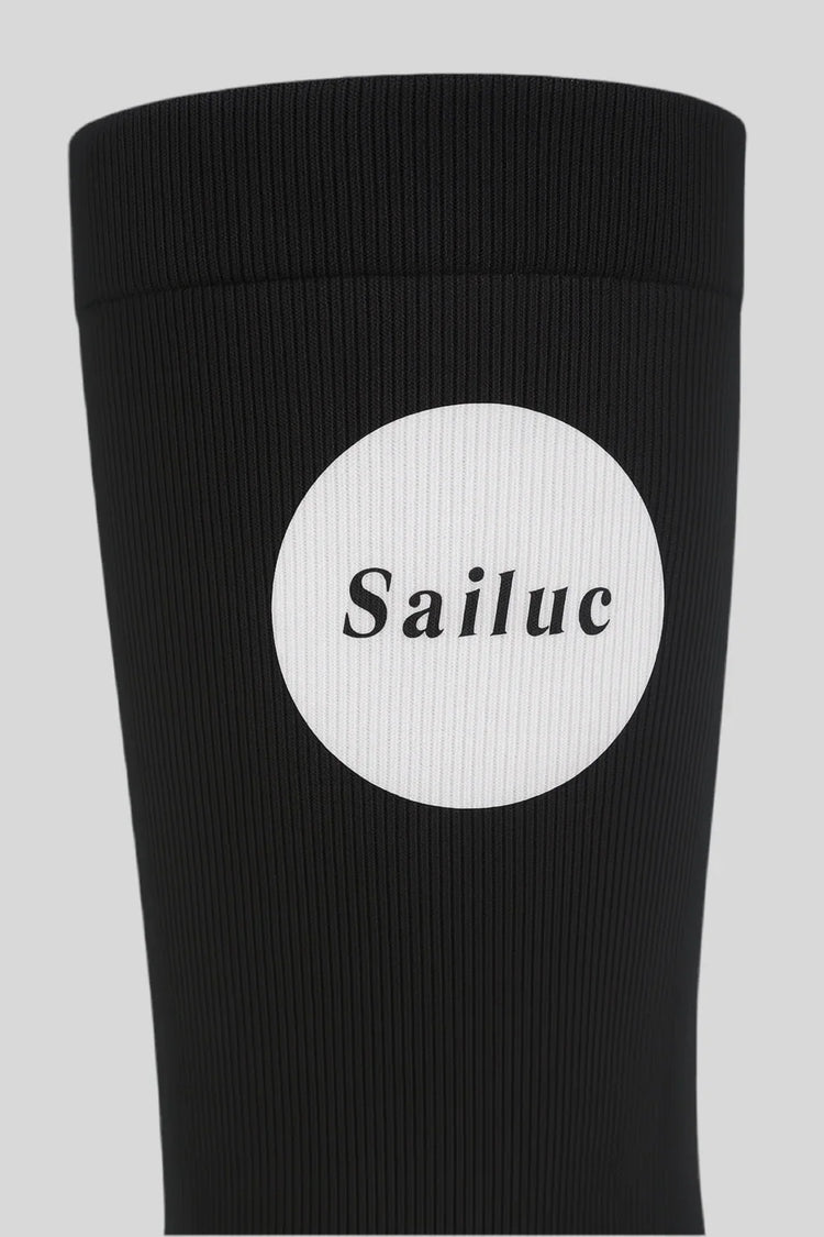 Black ribbed Sailuc luxury fashion sleeve with white logo patch, minimalist design