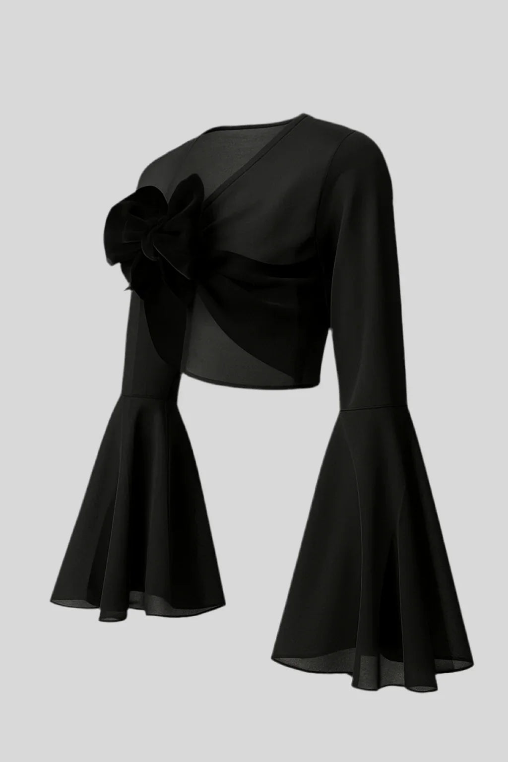 Sailuc luxury black sheer top with flared sleeves and large bow accent, modern fashion
