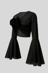 Sailuc luxury black sheer top with flared sleeves and large bow accent, modern fashion
