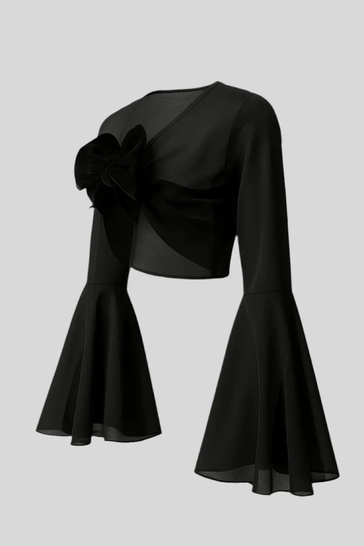 Sailuc luxury black sheer top with flared sleeves and large bow accent, modern fashion