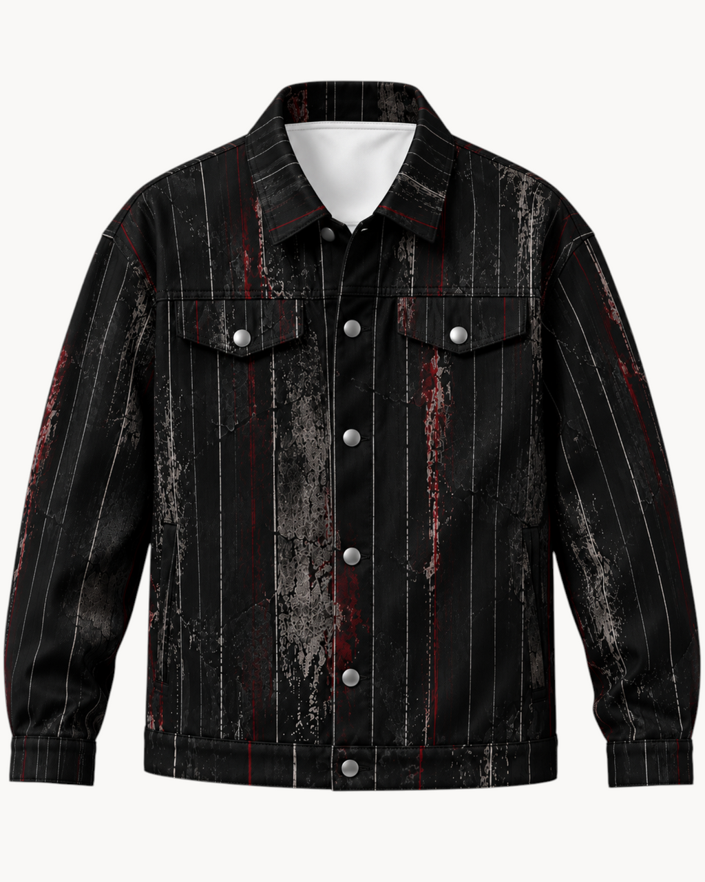 Sailuc Strata collared jacket in black with a distressed vertical stripe pattern and decorative front pockets.
