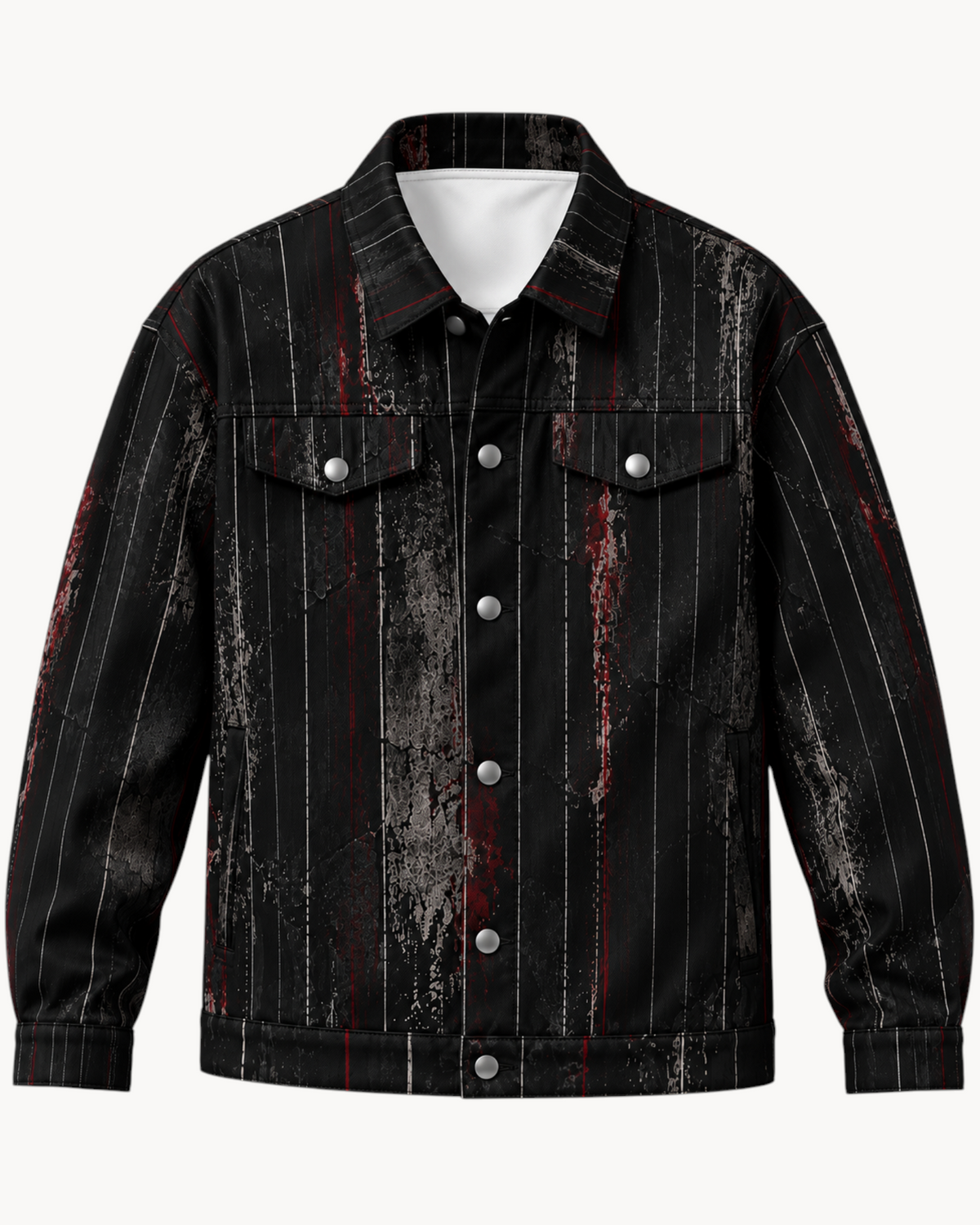 Sailuc Strata collared jacket in black with a distressed vertical stripe pattern and decorative front pockets.